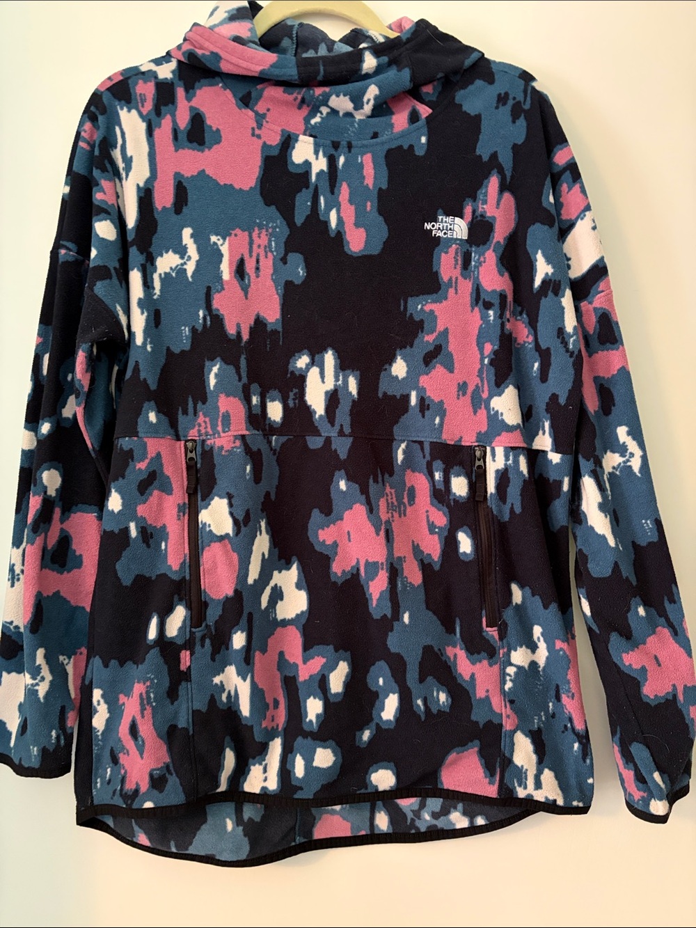 North Face Women’s Pink, Blue & White Patterned Fleece Hoodie, Size M